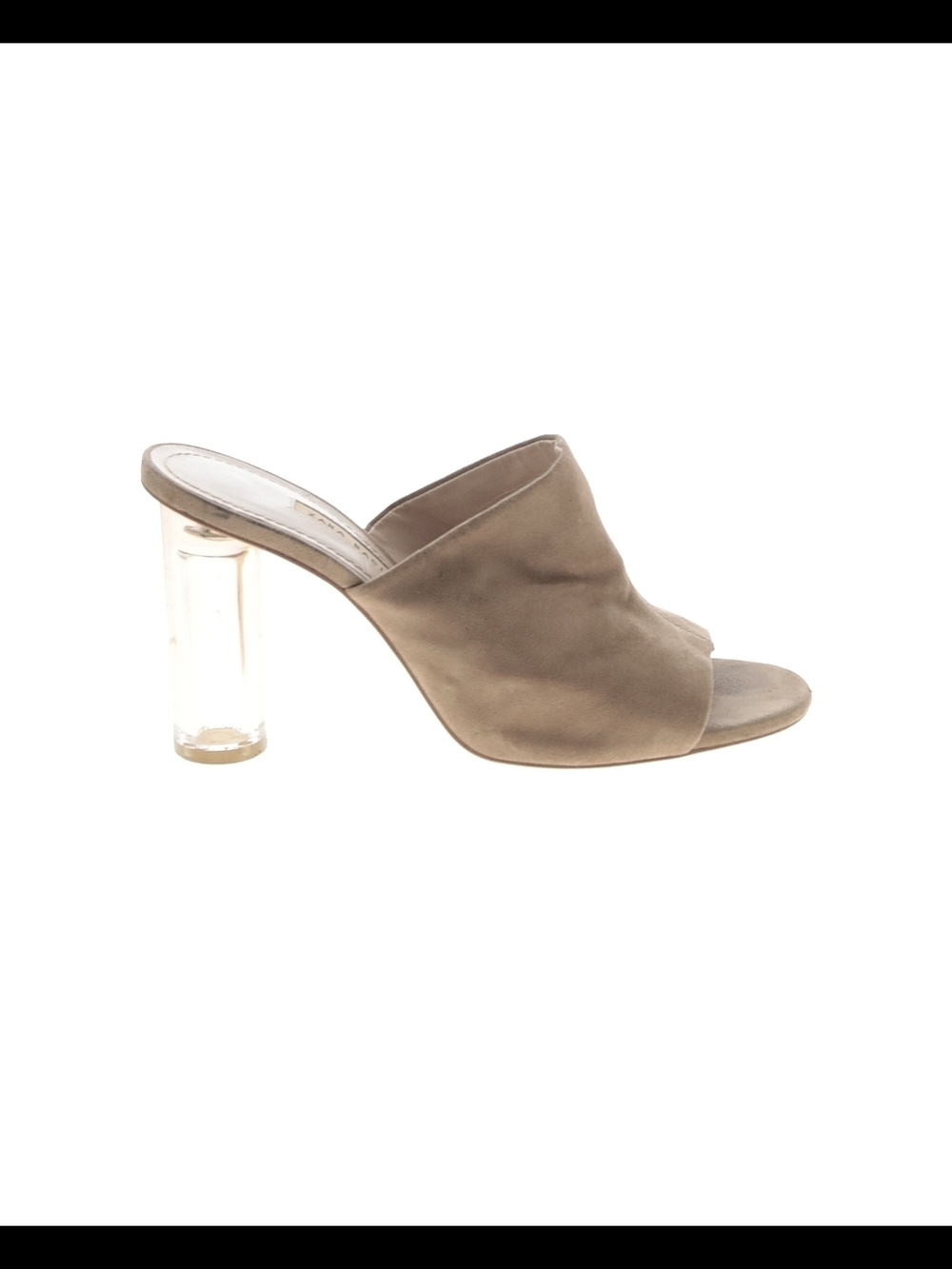 Zara open-toe mule heels  a suede-like tan upper and a clear, acrylic block